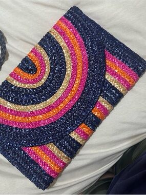 Mud Pie Navy Blue Woven Clutch with Pink Orange and Gold Accents